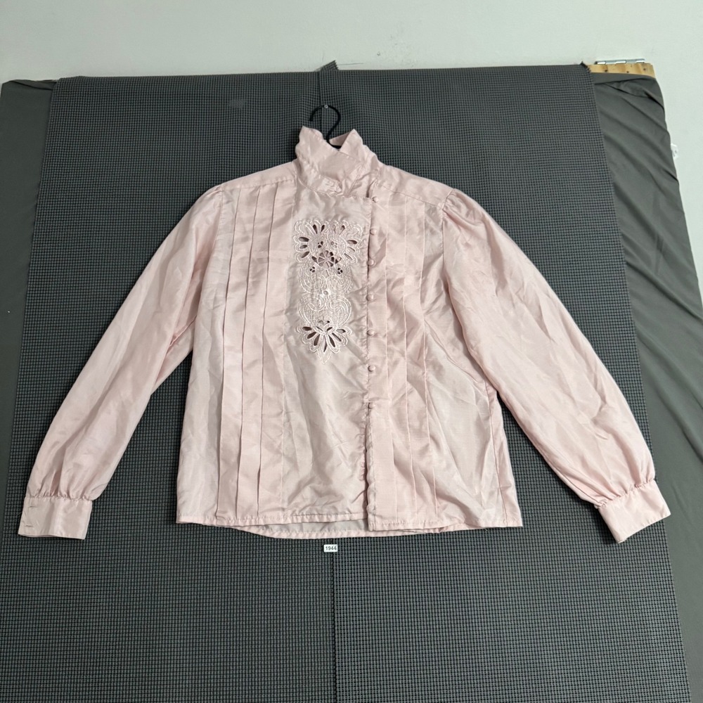 Nicola Vintage Pink Mock Neck Eyelet Embroidered Pintuck Blouse Size 12